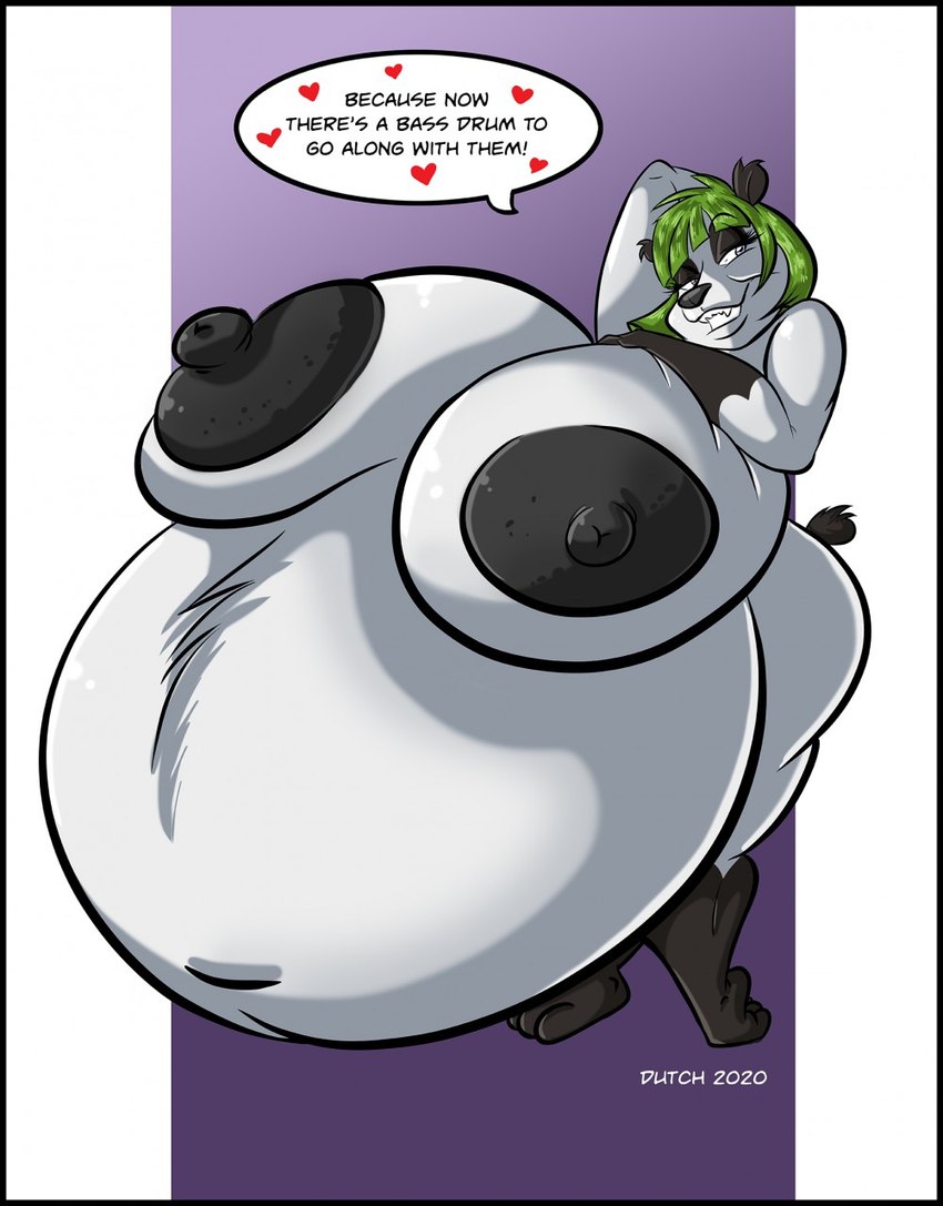 anthro areola bedroom_eyes belly big_areola big_belly big_breasts black_areola black_body black_fur black_nipples breasts female fur green_hair hair heart_symbol holidays huge_areola huge_belly huge_breasts hyper hyper_belly hyper_breasts hyper_pregnancy narrowed_eyes navel nipples nude pregnant pregnant_anthro pregnant_female seductive solo speech_bubble text thick_thighs white_body white_fur dutch_(artist) misty_the_mouse valentine's_day apple_(dutch) bear giant_panda mammal 2020 digital_media_(artwork) english_text hi_res