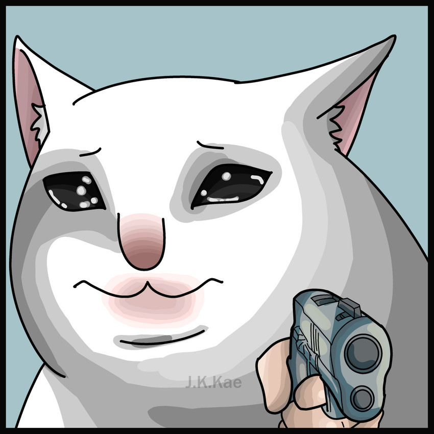 black_border black_eyes blue_background border feral fur gun holding_gun holding_object holding_ranged_weapon holding_weapon looking_at_viewer pink_nose ranged_weapon sad simple_background solo teary_eyes weapon white_body white_fur kaepotassium delet_this domestic_cat felid feline felis mammal 1:1 2021 hi_res icon meme signature