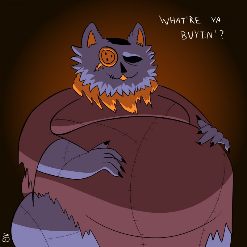 1_eye 5_fingers :3 anthro belly big_belly biped black_eyes black_nails black_nose blue_body blue_fur brown_background button_(fastener) clothed clothing colored_nails dialogue empty_eyes fingers front_view fur hands_on_belly huge_belly humanoid_hands hyper hyper_belly inner_ear_fluff light male moobs multicolored_body multicolored_fur nails obese obese_anthro obese_male open_mouth open_smile orange_body orange_fur overweight overweight_anthro overweight_male parody plushie sewn_mouth shadow simple_background smile solo standing text tuft two_tone_body two_tone_fur oscarvanderhof capcom deltarune resident_evil undertale_(series) merchant_(resident_evil) seam_(deltarune) animate_inanimate darkner domestic_cat felid feline felis living_plushie mammal 1:1 2018 crossover digital_drawing_(artwork) digital_media_(artwork) english_text half-length_portrait hi_res lighting portrait