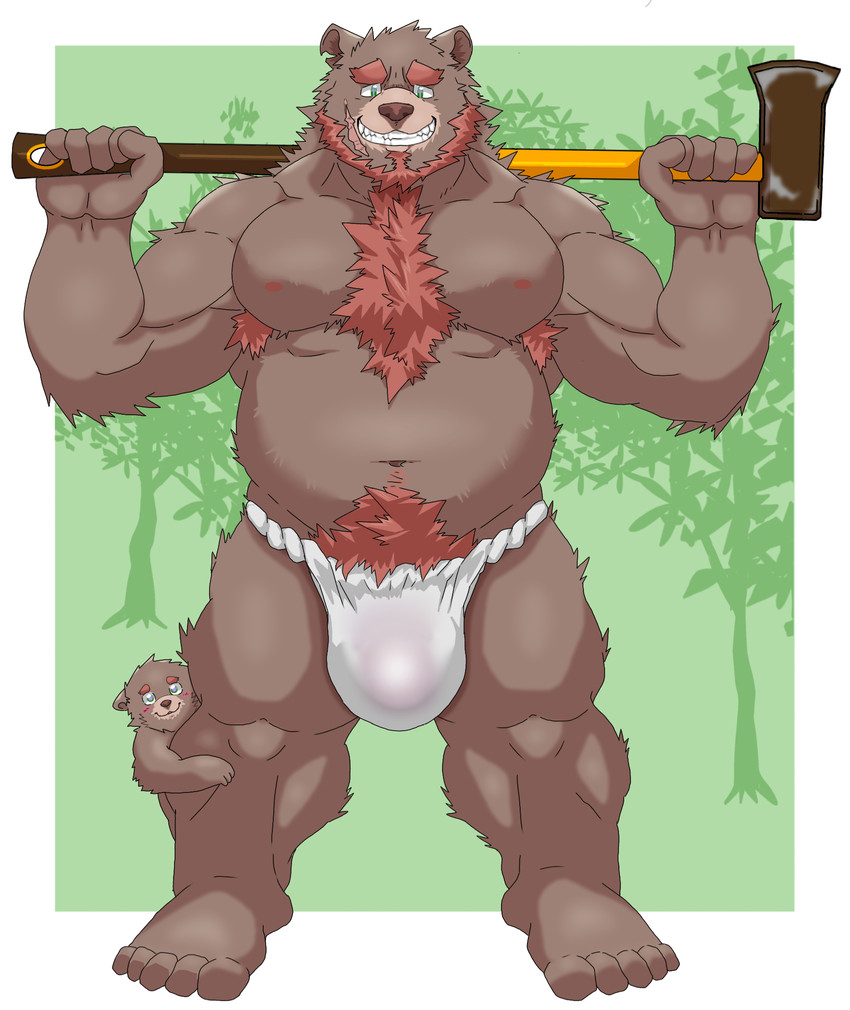 5_toes ambiguous_gender anthro asian_clothing axe belly brown_body brown_fur bulge clothing duo east_asian_clothing feet felling_axe fundoshi fur hairy holding_object japanese_clothing kemono larger_male male melee_weapon moobs musclegut muscular nipples overweight overweight_male pubes scar size_difference smaller_ambiguous solo_focus toes underwear weapon young young_anthro chan_kiti_chan bear mammal 2020 hi_res