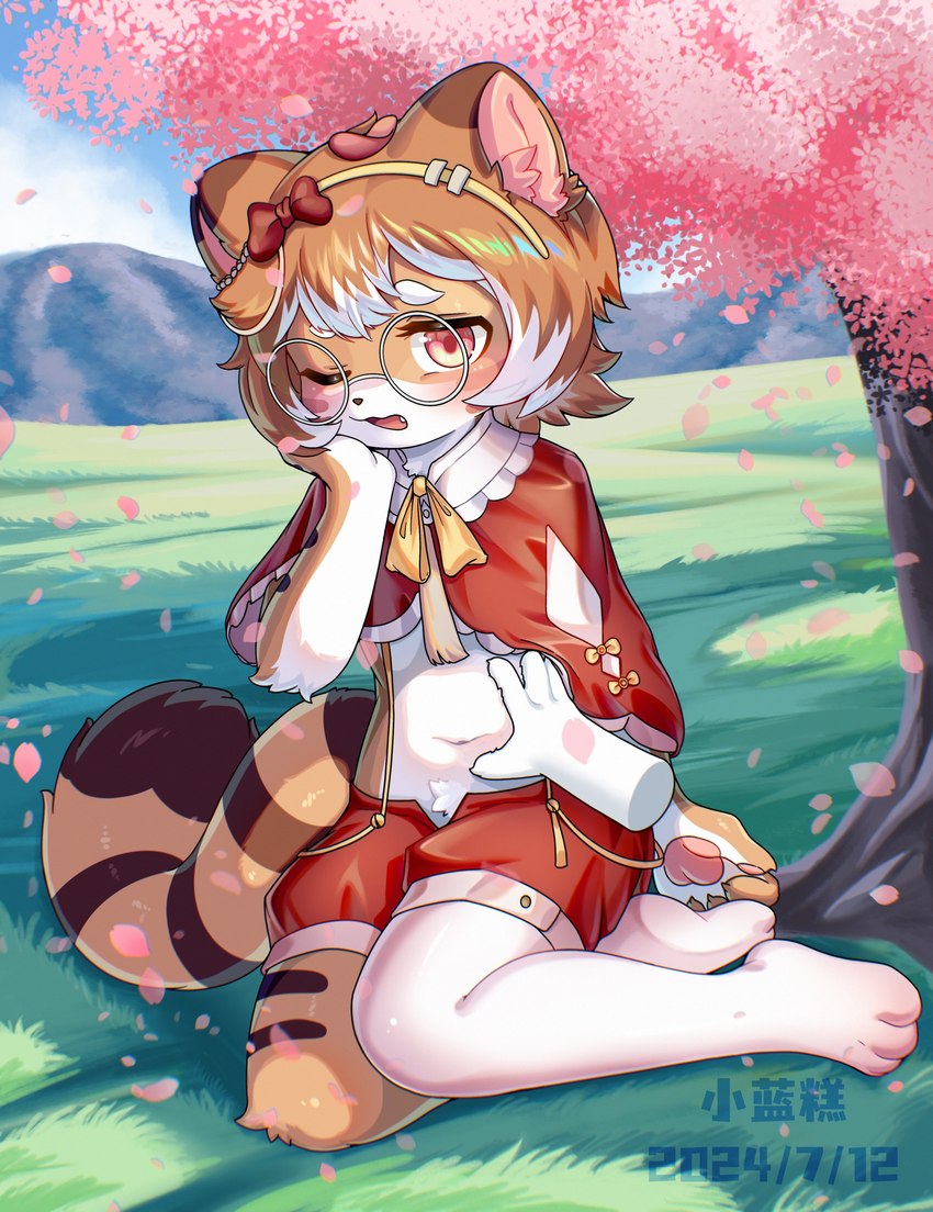 accessory ambiguous_gender blush bottomwear clothing clothing_bow disembodied_hand eyewear feminine glasses hair_accessory hand_on_belly hand_on_own_face kemono open_mouth shorts sitting sitting_on_ground solo young xiao_langao canid canine mammal raccoon_dog tanuki absurd_res hi_res