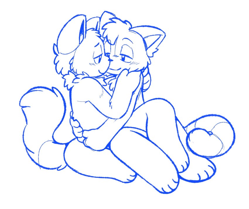 anthro arm_around_waist blush boop cuddling duo fluffy holding_partner hug love male male/male simple_background tail white_background beaglescouts domestic_cat felid feline felis mammal hi_res sketch