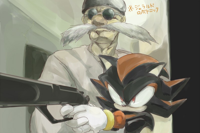 anthro black_body black_fur bracelet clothing duo eyewear facial_hair fur glasses gloves gun handwear hat headgear headwear holding_object holding_weapon inside jewelry male mustache ranged_weapon red_body red_eyes red_fur shirt text topwear weapon nashi_(intothe_bluesky) sega sonic_the_hedgehog_(series) gerald_robotnik shadow_the_hedgehog eulipotyphlan hedgehog human mammal japanese_text