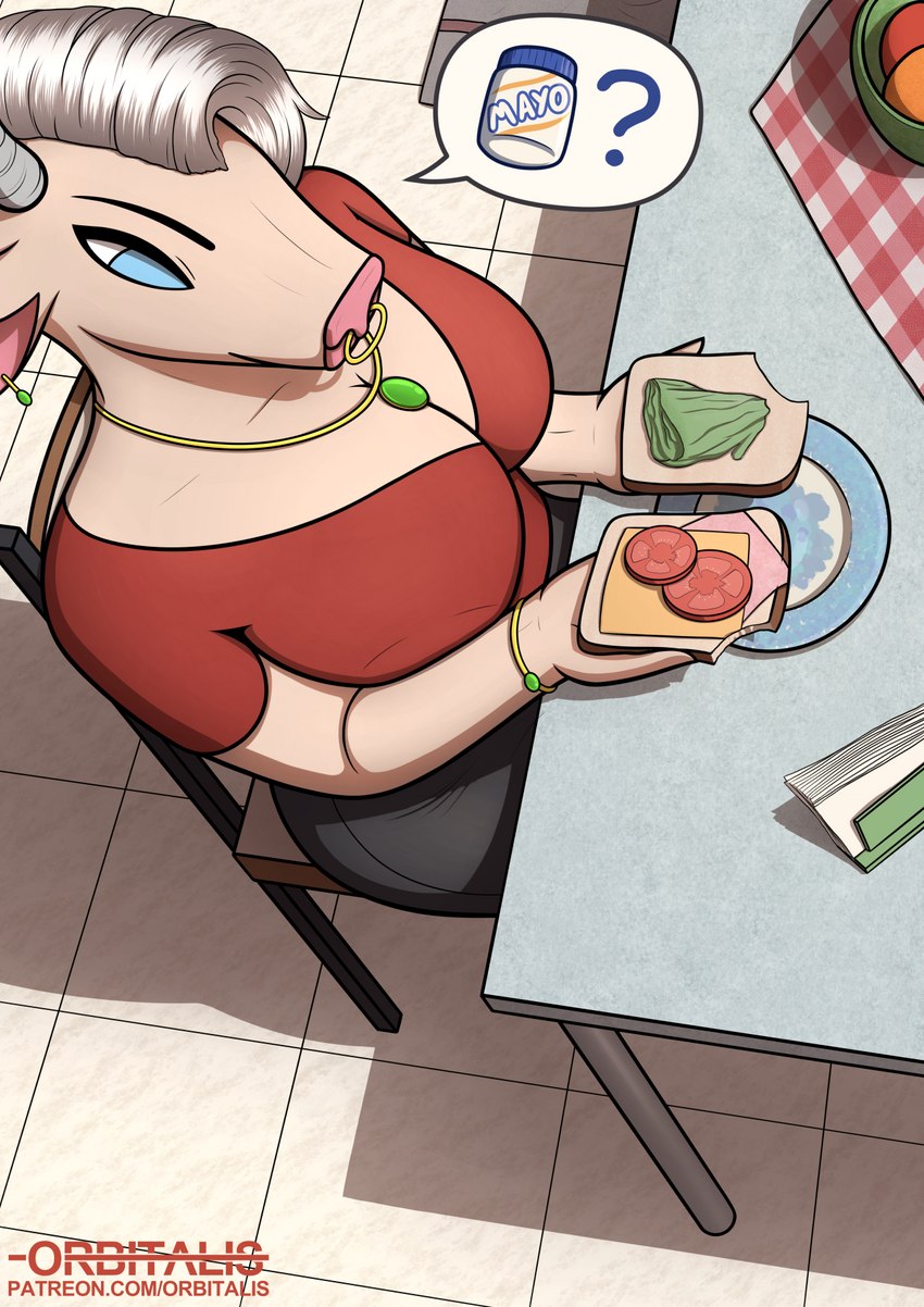 anthro apple big_breasts black_bottomwear black_clothing black_skirt blue_eyes bottomwear bracelet breasts chair cheese clothed clothing dairy_products ear_piercing emerald_(gem) eyebrows facial_piercing female floor food fruit furniture gem grey_horn hair ham high-angle_view holding_food holding_object horn jewelry lettuce mat mature_anthro mature_female mayonnaise meat napkin necklace nose_piercing nose_ring orange_(fruit) piercing pink_nose plant plate pork question_mark red_clothing red_shirt red_topwear ring_piercing sandwich_(food) septum_piercing septum_ring shirt sitting skirt solo speech_bubble table text tight_clothing tight_shirt tight_topwear tile tile_floor tomato topwear vegetable white_hair orbitalis bovid bovine cattle mammal hi_res url