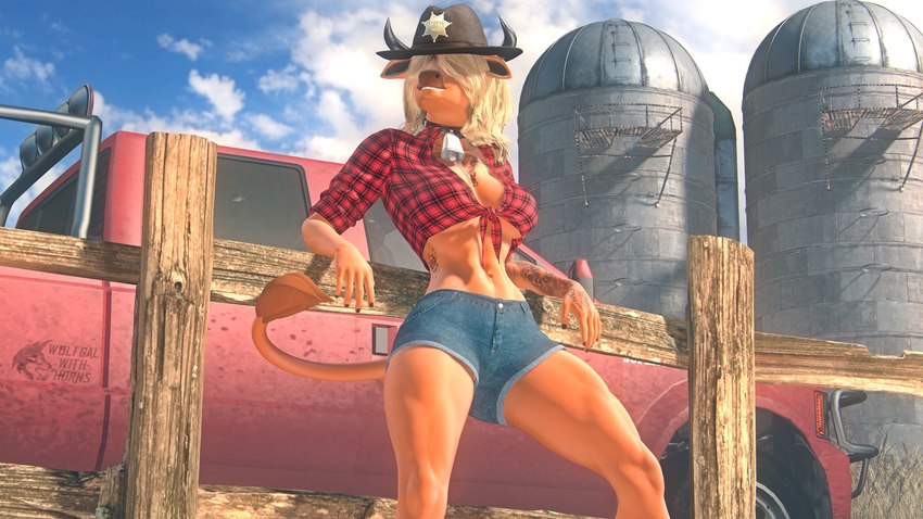 abs anthro arm_tattoo blonde_hair bottomwear butt chest_tattoo clothing curvy_figure day denim denim_bottomwear denim_clothing farm female fence hair hat headgear headwear horn hourglass_figure jeans light light_truck muscular muscular_anthro muscular_female orange_body pants pickup_truck sheriff sheriff_hat shirt shorts silo small_waist solo sunlight tank_top tattoo topwear truck_(vehicle) vehicle ludexus fan_character metty_(ludexus) bovid bovine cattle mammal 3d_(artwork) absurd_res digital_media_(artwork) hi_res source_filmmaker_(artwork)