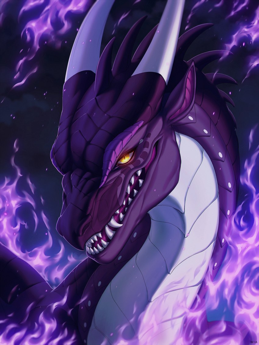 ambiguous_gender feral horn looking_at_viewer purple_body purple_scales purple_tongue scales solo teeth tongue ventral_scales white_body white_horn white_scales yellow_eyes wia mythology wings_of_fire dragon mythological_creature mythological_scalie nightwing_(wof) scalie bust_portrait hi_res portrait