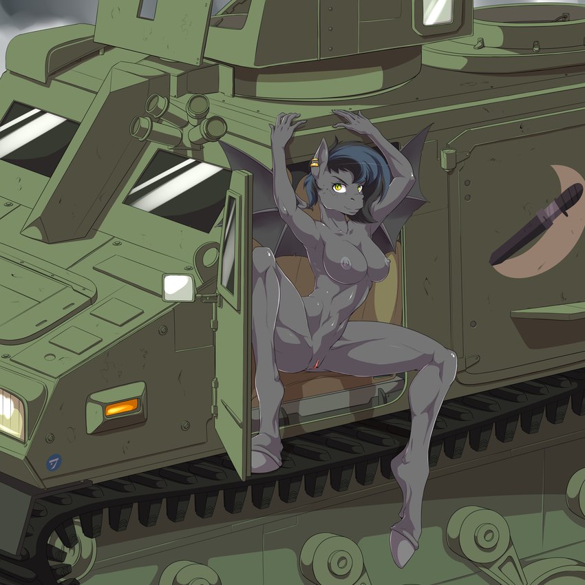 anthro apc areola arm_above_head breasts female genitals looking_at_viewer military muscular muscular_anthro muscular_female nipples nude pose pussy solo spread_legs spreading vehicle doomghost hasbro my_little_pony notde_(character) bat_pony equid mammal 1:1 absurd_res hi_res pinup