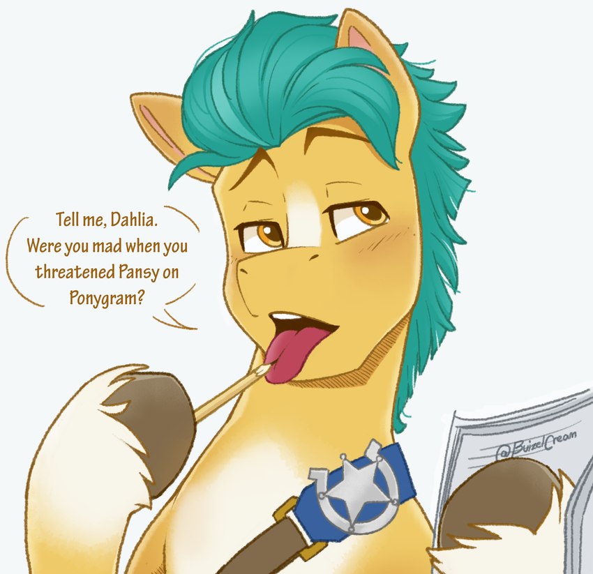 badge blush brown_hooves dialogue eyebrows feral fur green_hair green_mane hair half-closed_eyes holding_object hooves leg_tuft male mane narrowed_eyes open_mouth paper pencil_(object) solo text tongue tongue_out tuft yellow_body yellow_eyes yellow_fur bcpony hasbro mlp_g5 my_little_pony hitch_trailblazer_(mlp) earth_pony equid equine horse mammal pony 2023 digital_media_(artwork) english_text hi_res