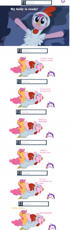 clothing costume eyes_closed feathered_wings feathers female feral group hair male male/female pink_hair profanity purple_hair sex tail text wings young young_feral mspaintponies friendship_is_magic hasbro my_little_pony mythology tumblr pinkie_pie_(mlp) scootaloo_(mlp) twilight_panda earth_pony equid equine horse mammal mythological_creature mythological_equine pegasus pony 2012 absurd_res english_text hi_res