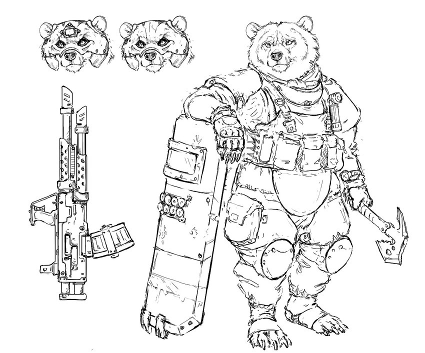 anthro armor axe ballistic_shield chest_armor headgear helmet holding_object holding_weapon leg_armor male military_gloves pouches semi-automatic shield solo thigh_pouch tomahawk weapon hotchkisstank bear mammal 2022 monochrome