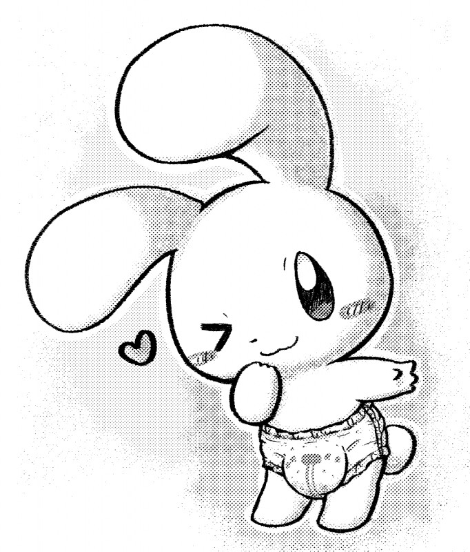 :3 >_o anthro blush clean_diaper clothed clothing diaper diaper_only heart_symbol heart_wink looking_at_viewer one_eye_closed solo standing topless wearing_diaper wetness_indicator wings wink winking_at_viewer rokesys lagomorph leporid mammal rabbit 2019 hi_res monochrome