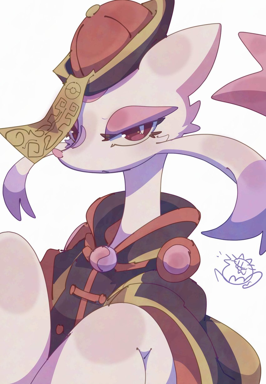 ambiguous_gender anthro black_clothing clothing eyelashes fur hat headgear headwear jiangshi_costume looking_at_viewer pink_body pink_fur pink_nose purple_body purple_fur red_clothing red_eyes simple_background solo talisman whiskers white_background white_body white_ears white_fur nyaswitchnya nintendo pokemon generation_5_pokemon mienshao pokemon_(species) shiny_pokemon absurd_res hi_res