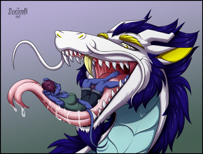 anthro bodily_fluids breasts duo female female_prey feral male male_pred saliva tail tongue tongue_out vore whiskers silvergrin rune_(blookyes) felid feline mammal sergal