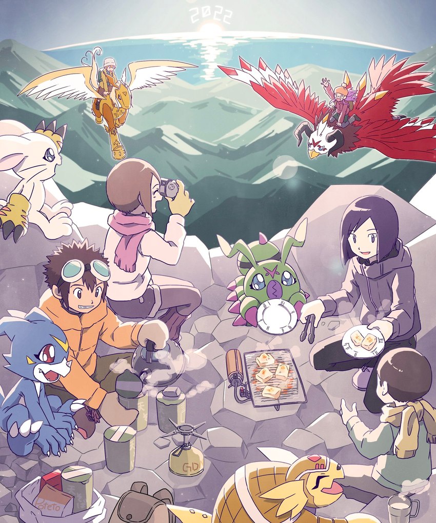 anthro clothing cooking_tongs eating female flying grill group jacket kitchen_utensils male mountain picnic plate tongs tools topwear gdn0522 bandai_namco digimon digimon_adventure_02 cody_hida davis_motomiya hikari_kamiya ken_ichijouji takeru_takaishi yolei_inoue aquilamon armadillomon digimon_(species) gatomon human mammal pegasusmon veemon wormmon hi_res