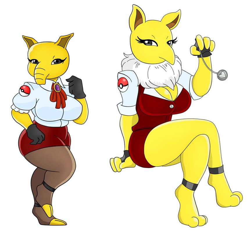 anthro big_breasts bottomwear breasts brown_eyes clothing duo female fur gloves handwear heart_symbol huge_breasts legwear looking_at_viewer pendulum pokeball shirt simple_background skirt topwear uniform white_background white_body white_fur yellow_body urusee584 nintendo pokemon drowzee generation_1_pokemon hypno_(pokemon) pokemon_(species)