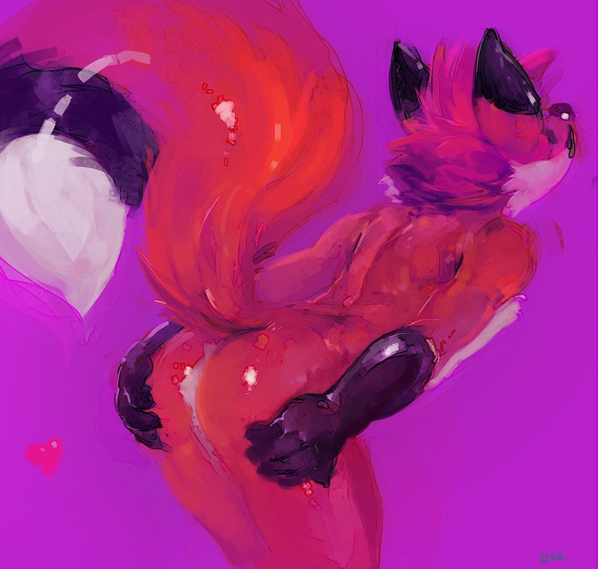 anthro biped black_body black_ears black_fur black_tail butt cheek_tuft facial_tuft fur glistening glistening_arms glistening_butt glistening_ears glistening_nose glistening_tail hair heart_symbol male neck_tuft obscured_eyes pink_background presenting presenting_hindquarters red_body red_ears red_fur red_hair red_tail short_hair simple_background solo standing tail three-quarter_view tuft white_body white_fur white_tail oselotti duncan_(oselotti) canid canine fox mammal hi_res signature