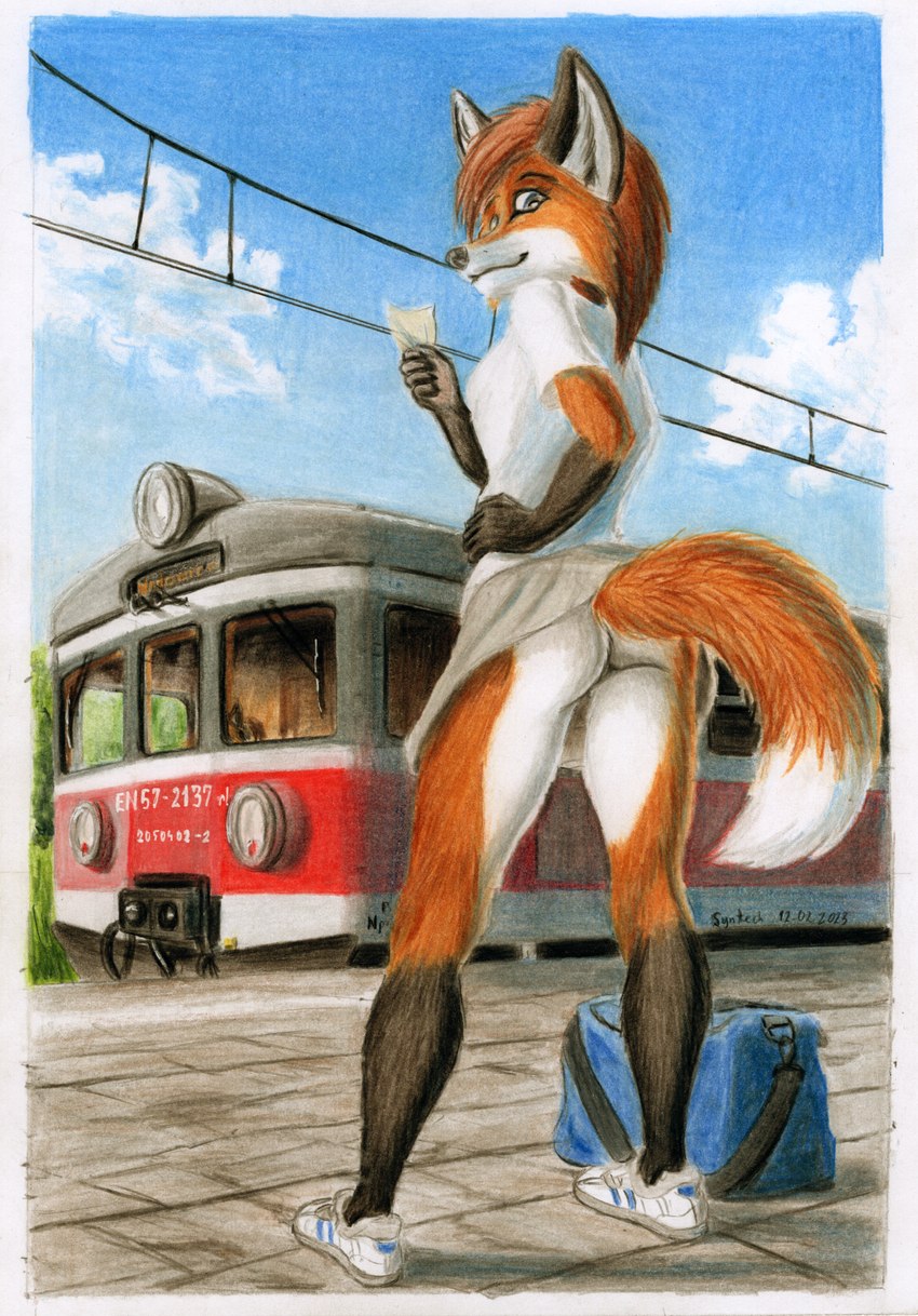 anthro butt clothed clothing cloud female footwear looking_at_viewer outside pafawag_5b/6b plantigrade platform poland shoes solo train travel_bag upskirt vehicle syntech pafawag polish_state_railways canid canine fox mammal 2023 hi_res traditional_media_(artwork)