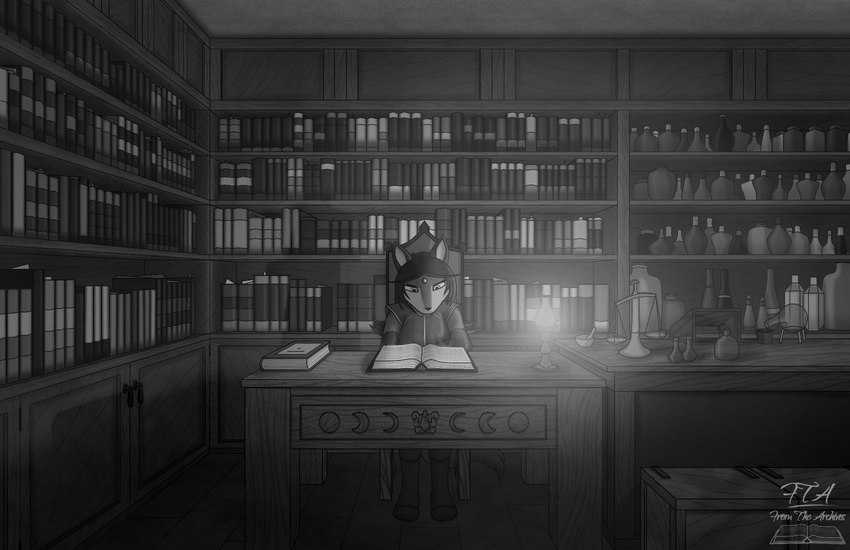 alchemist alchemy anthro book bookshelf chair clothing desk female floor fur furniture glowing magic magic_book potion potion_bottle serious sitting solo table wall_(structure) wood wood_floor wood_furniture wood_wall from_the_archives zoana_(bethellium) canid canine fox mammal black_and_white hi_res monochrome shaded