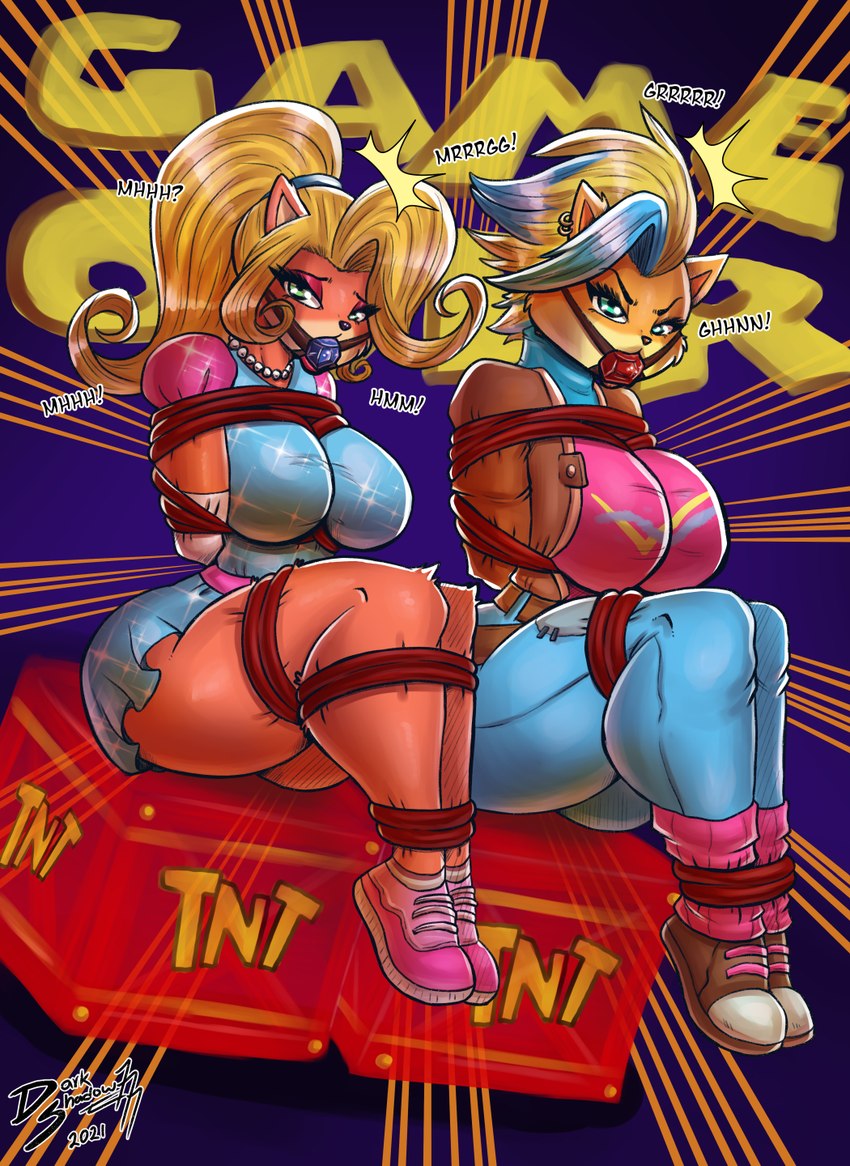 alternate_costume alternate_universe anthro bdsm big_breasts bondage bound breasts butt duo explosives female female/female fur game_over gameplay_mechanics imminent_death peril restraints rope rope_bondage thick_thighs tnt tnt_crate tongue tongue_out darkshadow777 activision crash_bandicoot_(series) crash_team_racing_(series) coco_bandicoot pirate_tawna bandicoot mammal marsupial 2021 hi_res