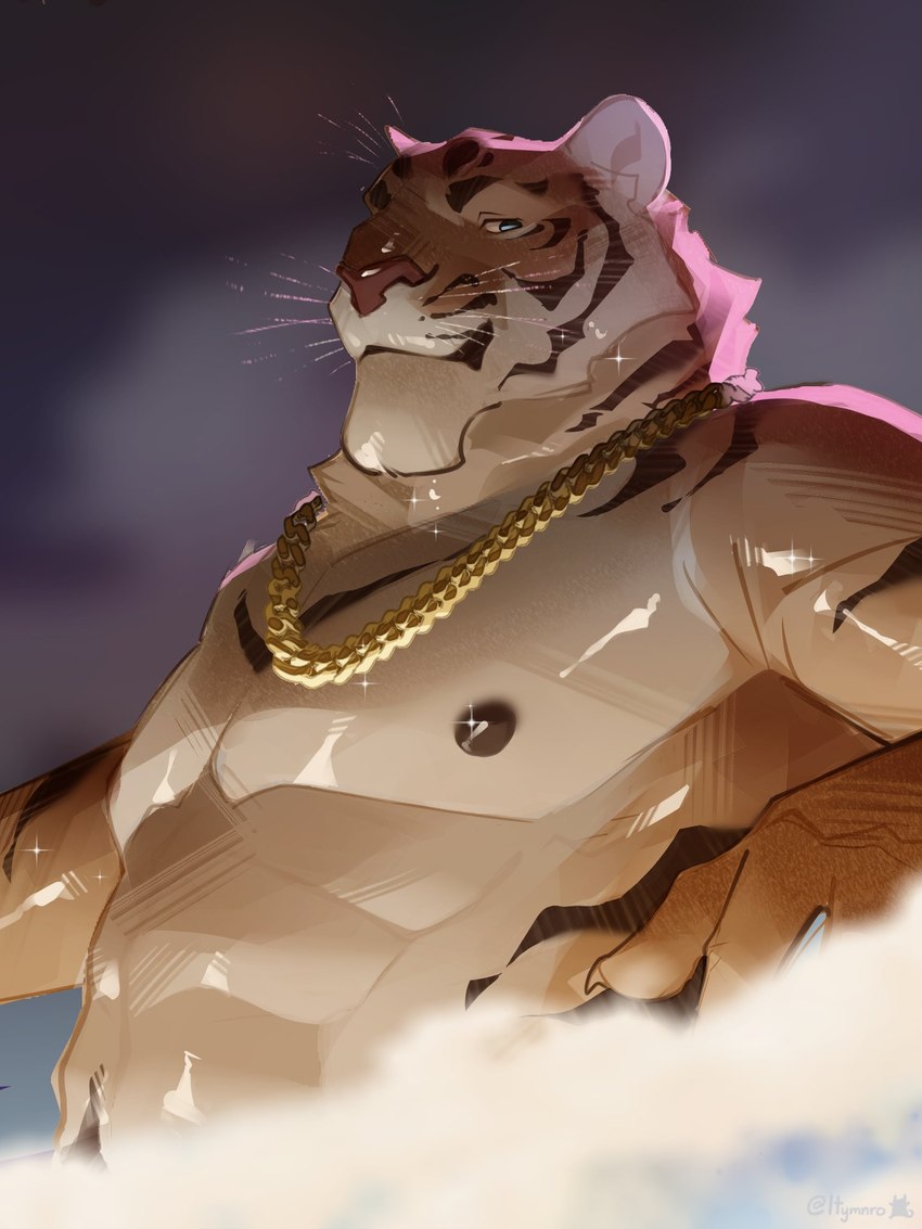 abs anthro biceps blue_eyes chain chain_necklace claws finger_claws fur gold_(metal) gold_chain jewelry male muscular muscular_anthro muscular_male necklace nipples partially_submerged pecs solo steam triceps water wet wet_body wet_fur whiskers itymnro felid mammal pantherine tiger 2024 3:4 hi_res