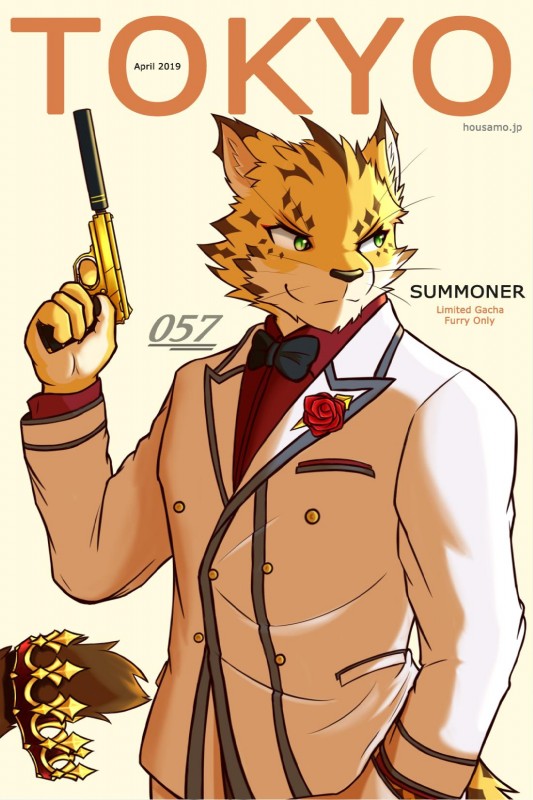 accessory anthro boutonniere clothing crown flower flower_ornament gun headgear magazine male muscular muscular_anthro muscular_male number plant ranged_weapon solo suit weapon quill-tail lifewonders tokyo_afterschool_summoners ose_(tas) felid leopard mammal pantherine 2:3 hi_res