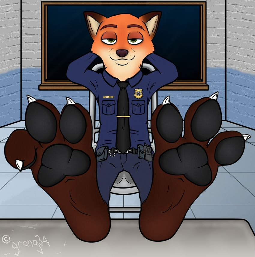 3_toes 4_fingers anthro badge barefoot bottomwear chair claws clothed clothing curling_toes feet feet_up fingers foot_focus foot_on_table fully_clothed furniture hands_behind_head looking_at_viewer male necktie pants pawpads paws police police_uniform shirt sitting smile soles solo spread_toes supported_legs table toe_claws toes topwear uniform grang34 disney zootopia nick_wilde canid canine fox mammal red_fox true_fox hi_res signature