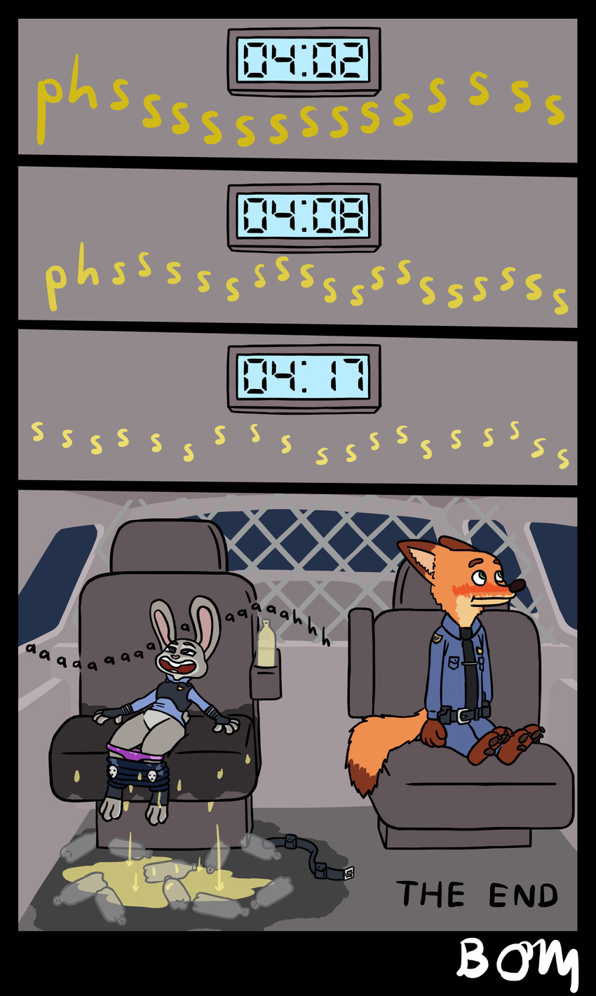 3_toes 4_fingers anthro barefoot belt bladder_bulge blue_eyes blush bodily_fluids bottle bottomwear bottomwear_down buckteeth car_window clock clothed clothing container cup_holder desperation dialogue digital_clock electronics excessive_urine feet female female_anthro fingers genital_fluids gloves_(marking) green_eyes grey_body leg_markings long_ears long_peeing looking_pleasured looking_relieved male male_anthro markings moan necktie night omorashi orange_body panties pants pants_down partially_clothed pawpads peeing police police_uniform police_vehicle psssh relieved scut_tail shaking shirt_collar shirt_pocket short_tail socks_(marking) sweat tail tears tears_of_desperation teeth text tie_clip tipped_ears toes trembling underwear uniform urine urine_drip urine_everywhere urine_in_bottle urine_on_ground utility_belt vehicle wet_floor wetting bombality disney zootopia judy_hopps nick_wilde canid canine european_rabbit fox lagomorph leporid mammal oryctolagus rabbit red_fox true_fox 2024 comic end_page english_text hi_res