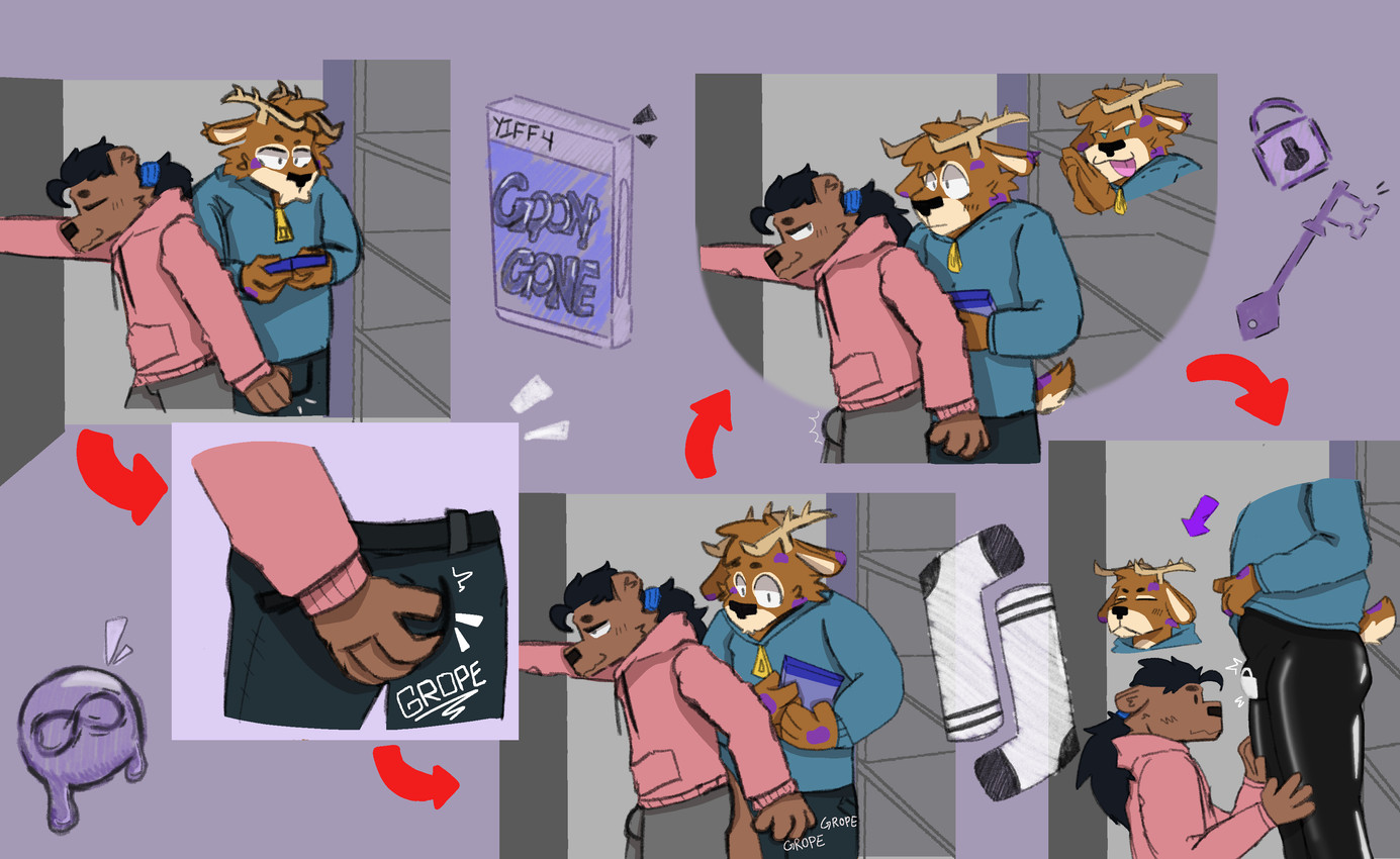 anthro bulge clothing duo fur grope humiliation latex male male/male null public public_exposure public_humiliation simple_background tail mrpawpaw sox_the_otter deer mammal mustelid otter absurd_res comic digital_media_(artwork) hi_res