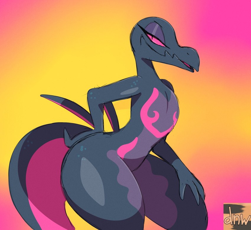 anthro big_butt black_body black_scales butt eyeliner female hand_on_hip looking_at_viewer makeup mascara pink_body pink_eyes pink_scales purple_body purple_scales scales solo tail thick_tail thick_thighs wide_hips reallydarkandwindie nintendo pokemon generation_7_pokemon pokemon_(species) salazzle hi_res