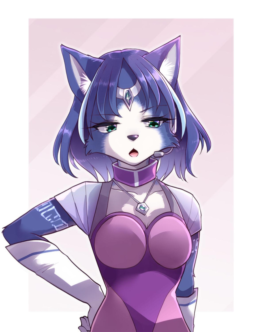 anthro blue_hair bodysuit breasts clothing female fur gloves green_eyes hair handwear jewelry kemono markings necklace open_mouth skinsuit solo tight_clothing namagakiokami nintendo star_fox krystal_(star_fox) canid canine fox mammal 2020 hi_res