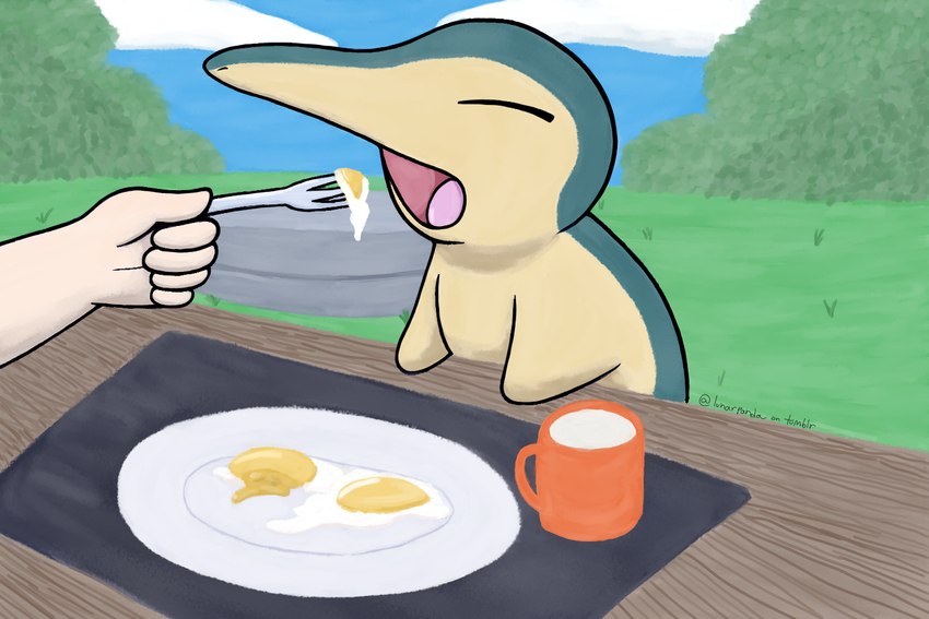 ambiguous_gender blue_body blue_fur cloud container cup cutlery egg eyes_closed feeding feral fork fried_egg fur furniture grass kitchen_utensils milk open_mouth outside place_mat plant plate rock shrub sky solo table tools wood wood_furniture yellow_body yellow_fur lunarpanda8686 nintendo pokemon cyndaquil generation_2_pokemon mammal pokemon_(species) 3:2