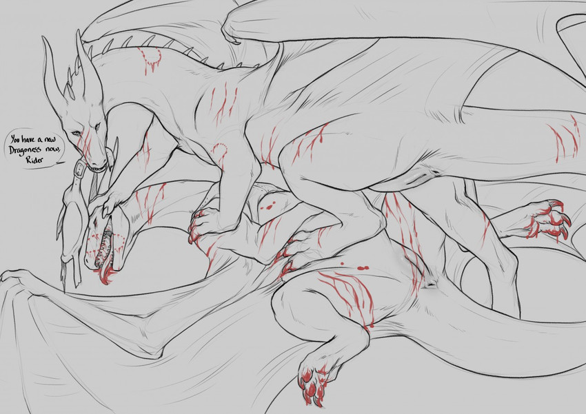 anus battle blood bodily_fluids butt defeat duo female feral fight genitals looking_at_viewer looking_back lying membrane_(anatomy) membranous_wings nude on_back pinned pussy saddle scratches spread_legs spreading tail victory wings yaroul mythology dragon mythological_creature mythological_scalie scalie 2018 sketch