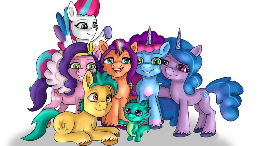 baby female fetlocks group horn jewelry male open_mouth parody regalia wings young hasbro mlp_g5 my_little_pony mythology hitch_trailblazer_(mlp) izzy_moonbow_(mlp) misty_brightdawn_(mlp) pipp_petals_(mlp) sparky_sparkeroni_(mlp) sunny_starscout_(mlp) zipp_storm_(mlp) dragon earth_pony equid equine horse mammal mythological_creature mythological_equine mythological_scalie pegasus pony scalie unicorn 16:9 hi_res widescreen sibling_(lore) sister_(lore) sisters_(lore)