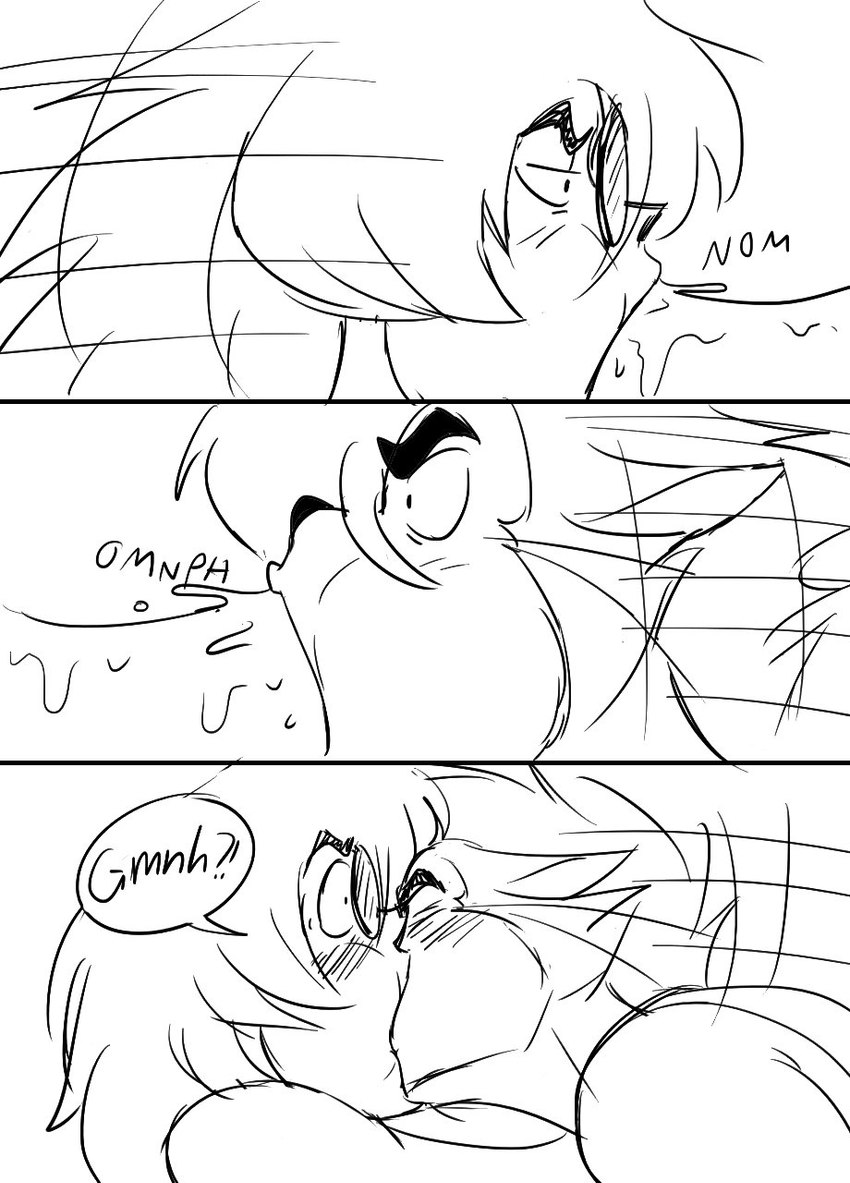 accidental_kiss anthro bodily_fluids dialogue duo eyewear food glasses kissing male male/male meat saliva sausage speech_bubble text jordo_(artist) ben_(jordo) george_(jordo) domestic_cat felid feline felis human mammal comic hi_res monochrome