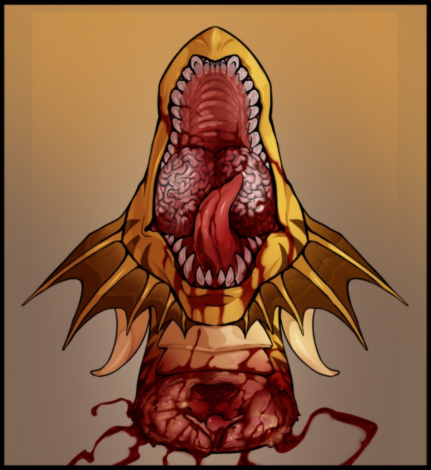 black_border blood bodily_fluids border brain corpse death decapitation feral gore horn male mouth_shot open_mouth organs sharp_teeth solo teeth tongue yellow_body kolkolukija mythology dragon mythological_creature mythological_scalie scalie absurd_res hi_res