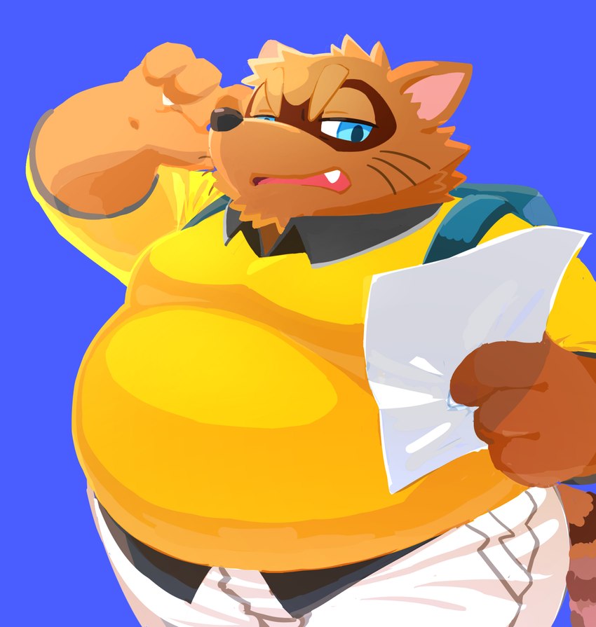 anthro belly big_belly black_nose blue_background bottomwear brown_body clothing kemono male overweight overweight_male pants simple_background solo gokrakstyle sengoku_puzzle shadow_ieyasu canid canine mammal raccoon_dog tanuki 2022 hi_res