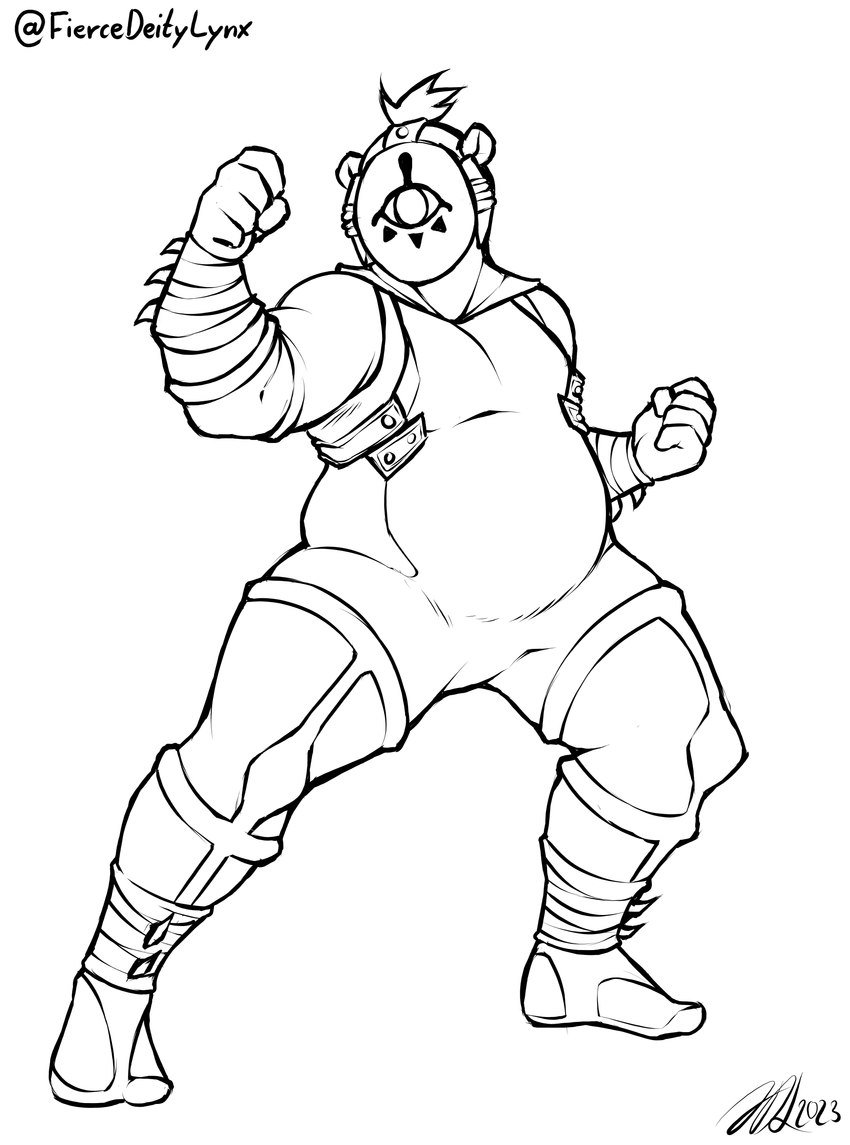 anthro clothed clothing fist fully_clothed hair male mask overweight overweight_anthro overweight_male raised_fist raised_hand short_hair simple_background solo standing text wide_stance fiercedeitylynx marlon_(fiercedeitylynx) bear mammal 2023 absurd_res artist_name hi_res monochrome signature