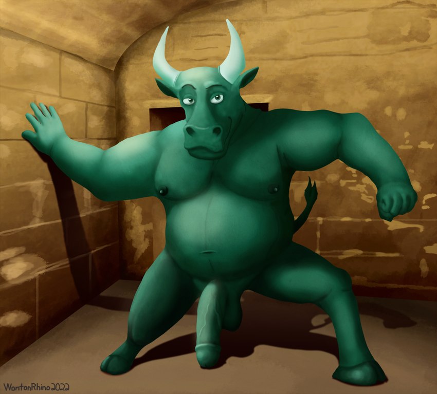 anthro belly brick clay detailed_background ears_up erection eyebrows fist genitals green_body green_eyes hooves horn labyrinth looking_at_viewer male maze moobs navel nipples nude nude_male open_palm overweight overweight_anthro overweight_male penis pose raised_eyebrow shadow simple_background smile solo spread_arms spread_legs spreading tail tail_tuft tuft yellow_background wontonrhino european_mythology greek_mythology mythology bovid bovine cattle clay_creature goo_creature mammal minotaur hi_res