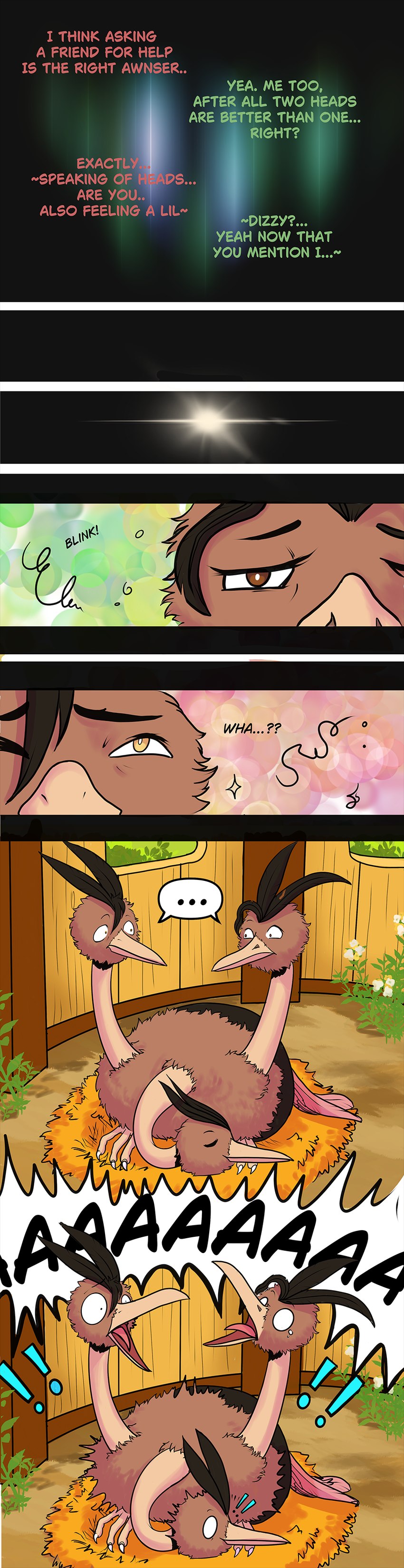 aaaaaaaaaaa after_transformation avian_feet beak brown_body brown_feathers claws ellipsis feather_hair feathers female feral group hay implied_transformation inside merging nest open_mouth pseudo_hair red_body red_feathers screaming speech_bubble startled text tongue transformation trio waking_up marzipanrose nintendo pokemon pokemon_mystery_dungeon spike_chunsoft avian dodrio generation_1_pokemon pokemon_(species) absurd_res english_text hi_res