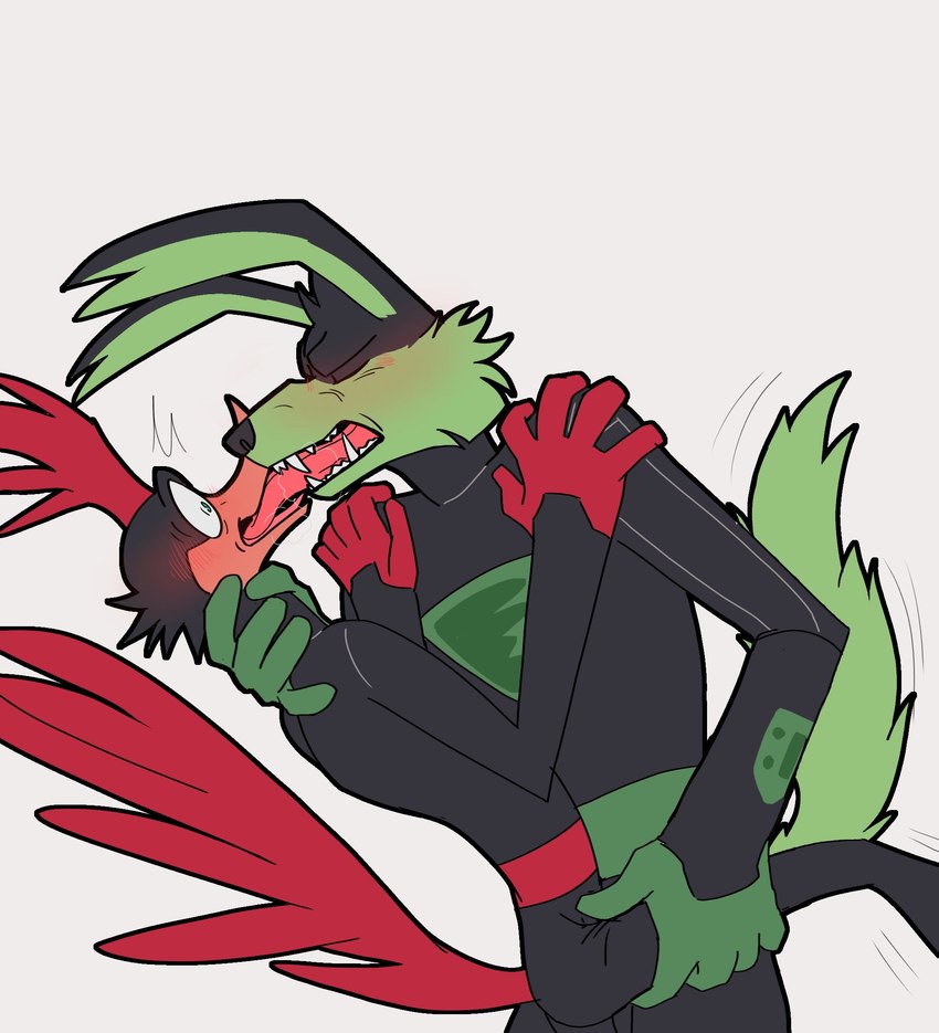 anthro arms_around_partner beak blush bodily_fluids cheek_tuft clothing dominant duo emanata extreme_french_kiss eyes_closed facial_tuft fangs feathers fluffy fluffy_tail french_kissing fur fuzzy green_body green_fur head_feathers kissing leaning leaning_backward leaning_forward leg_grab long_tongue male male/male motion_lines neck_grab open_mouth predator/prey raised_leg red_body red_feathers romantic romantic_couple saliva sharp_teeth shocked shoulder_grab side_view simple_background standing surprise surprised_expression tail tail_feathers teeth tongue tongue_out tuft white_background wide_eyed fernypaw loonatics_unleashed looney_tunes warner_brothers rev_runner tech_e._coyote avian bird canid canine canis coyote cuculiform mammal new_world_ground_cuckoo roadrunner hi_res