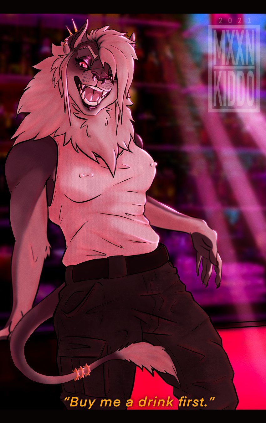 accessory action_pose anthro bar belt bottomwear breasts cargo_pants clothed clothing cocky cocky_smile dialogue ear_piercing female fur furgonomics hair jewelry light long_hair nightclub nipple_outline open_mouth pants piercing pink_body pink_eyes pink_fur pose purple_body purple_fur ring shirt solo tail tail_accessory tail_jewelry tail_ring tank_top teeth text tongue topwear nu_m00n karma_(mxxnkiddo) felid lion mammal pantherine 2021 absurd_res hi_res letterbox lighting watermark