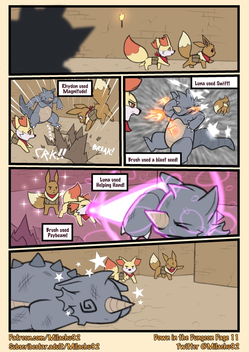 ambiguous_gender battle cave dungeon duo duo_focus female feral fight fire group magic pokemon_battle satchel scarf star unconscious milachu92 nintendo pokemon pokemon_mystery_dungeon spike_chunsoft brush_(pathwarden) luna_(pathwarden) eevee fennekin generation_1_pokemon generation_6_pokemon pokemon_(species) rhydon absurd_res comic hi_res