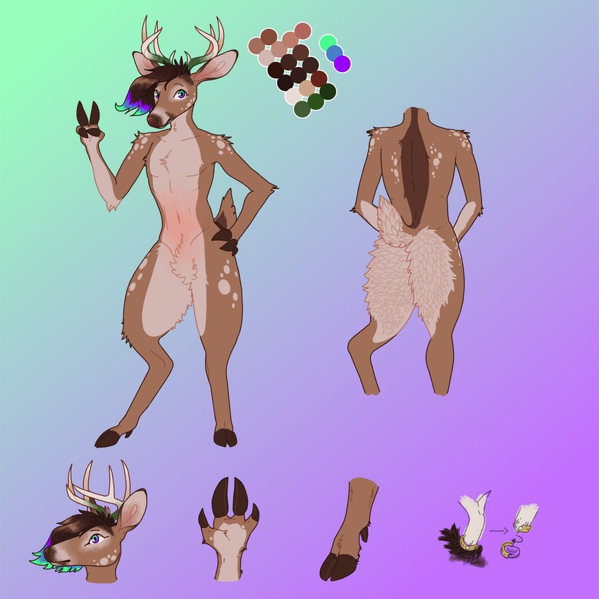 anthro antler_ring antlers brown_body brown_fur brown_hair brown_hooves brown_nose color_swatch crotch_tuft eyebrows fingers fur gesture gradient_background hair hand_gesture hand_on_hip hand_on_own_hip highlights_(coloring) hooved_fingers hooves horn looking_at_viewer male male_anthro multicolored_eyes multicolored_highlights scut_tail short_tail simple_background snout solo standing tail tan_antlers tan_body tan_fur tuft unguligrade v_sign dyyrlysh kristoffer_everglade deer mammal new_world_deer white-tailed_deer 1:1 2020 absurd_res digital_drawing_(artwork) digital_media_(artwork) flat_colors hi_res krita_(artwork) model_sheet