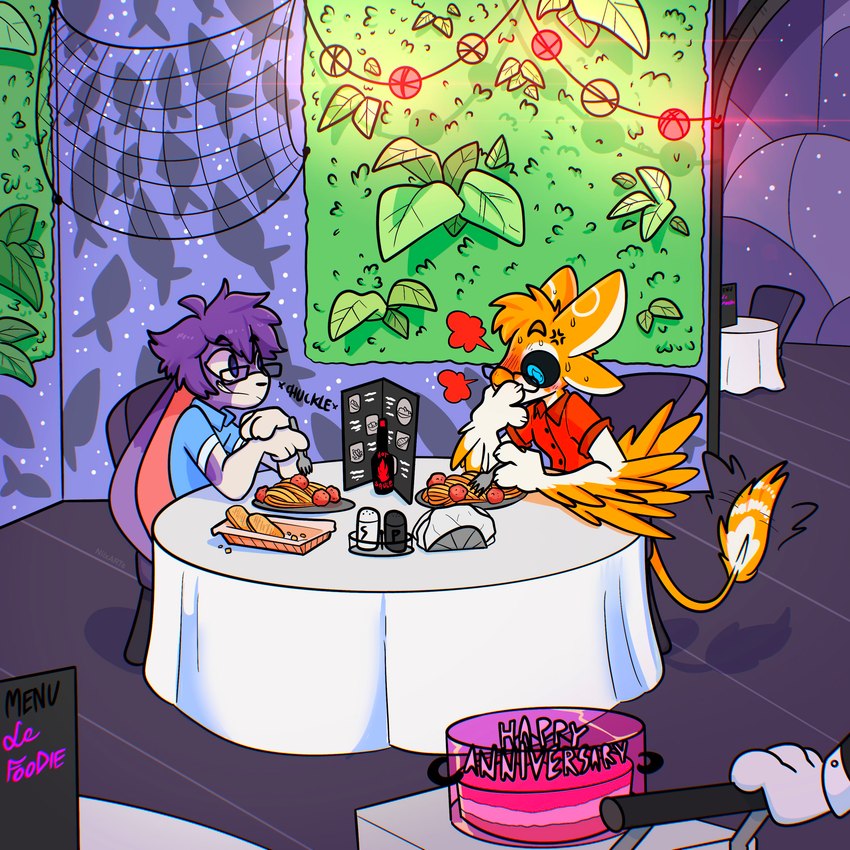 anniversary anthro blue_eyes cake date dessert dinner duo eyewear feathers food fur glasses hair hot_sauce male male/male meatball multicolored_body multicolored_feathers multicolored_fur orange_body orange_feathers pasta purple_body purple_fur purple_hair restaurant spaghetti white_body white_feathers white_fur xing1 jere thistle_(thistlebunny) avali lagomorph leporid mammal rabbit absurd_res hi_res