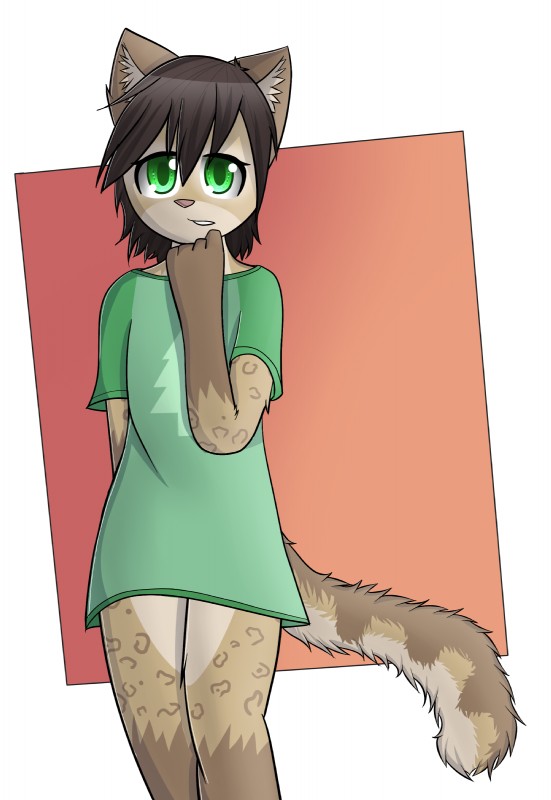 anthro bottomless clothed clothing embarrassed female flat_chested shirt shy simple_background solo standing topwear young young_anthro dream_mirage noodle_(domovoi_lazaroth) domestic_cat felid feline felis mammal absurd_res hi_res