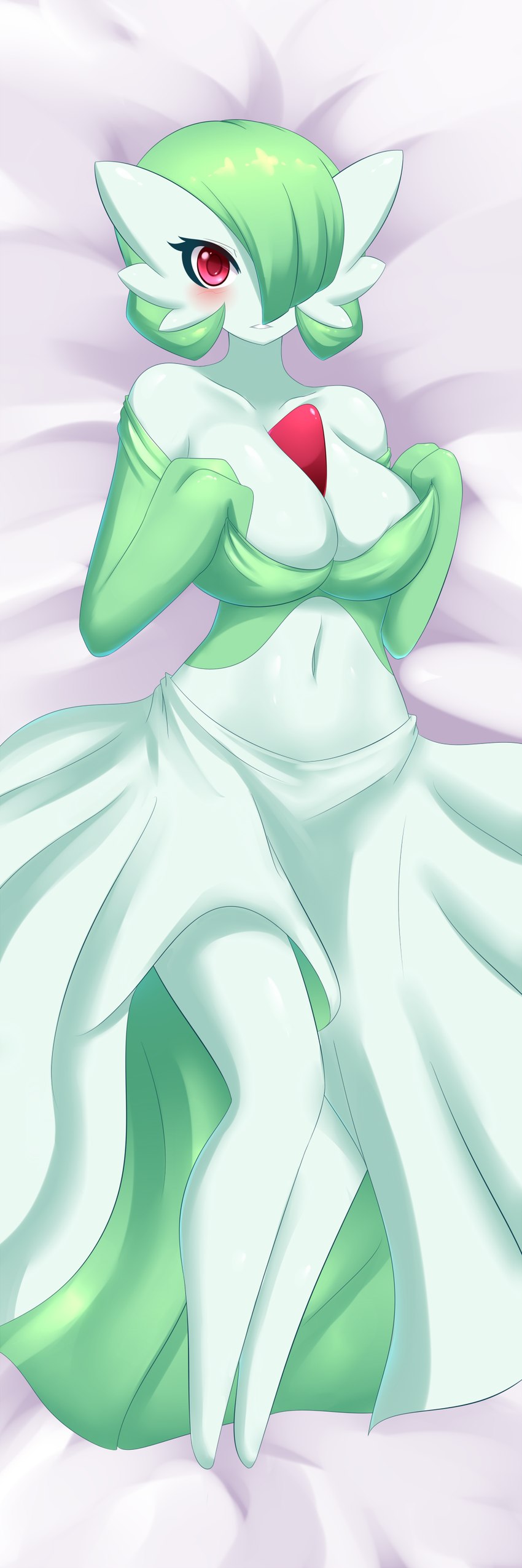 bed big_breasts blush breasts clothing dakimakura dress female furniture green_hair hair looking_at_viewer lying navel not_furry on_bed red_eyes solo teeth jcdr nintendo pokemon nougat_(character) gardevoir generation_3_pokemon mammal pokemon_(species) 1:3 absurd_res dakimakura_design hi_res