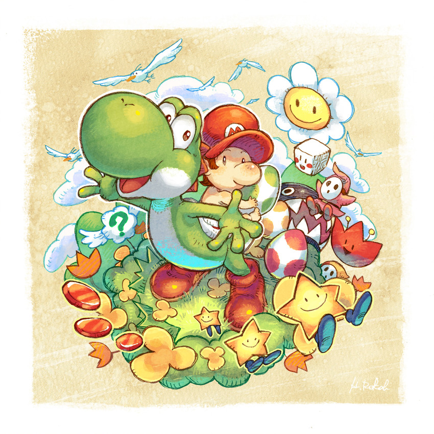 ambiguous_gender baby clothing cloud egg flower footwear grass group male mask open_mouth open_smile plant smile young camomile_357 mario_bros nintendo yoshi's_island baby_mario mario avian bird chain_chomp green_yoshi human mammal shyguy yoshi signature