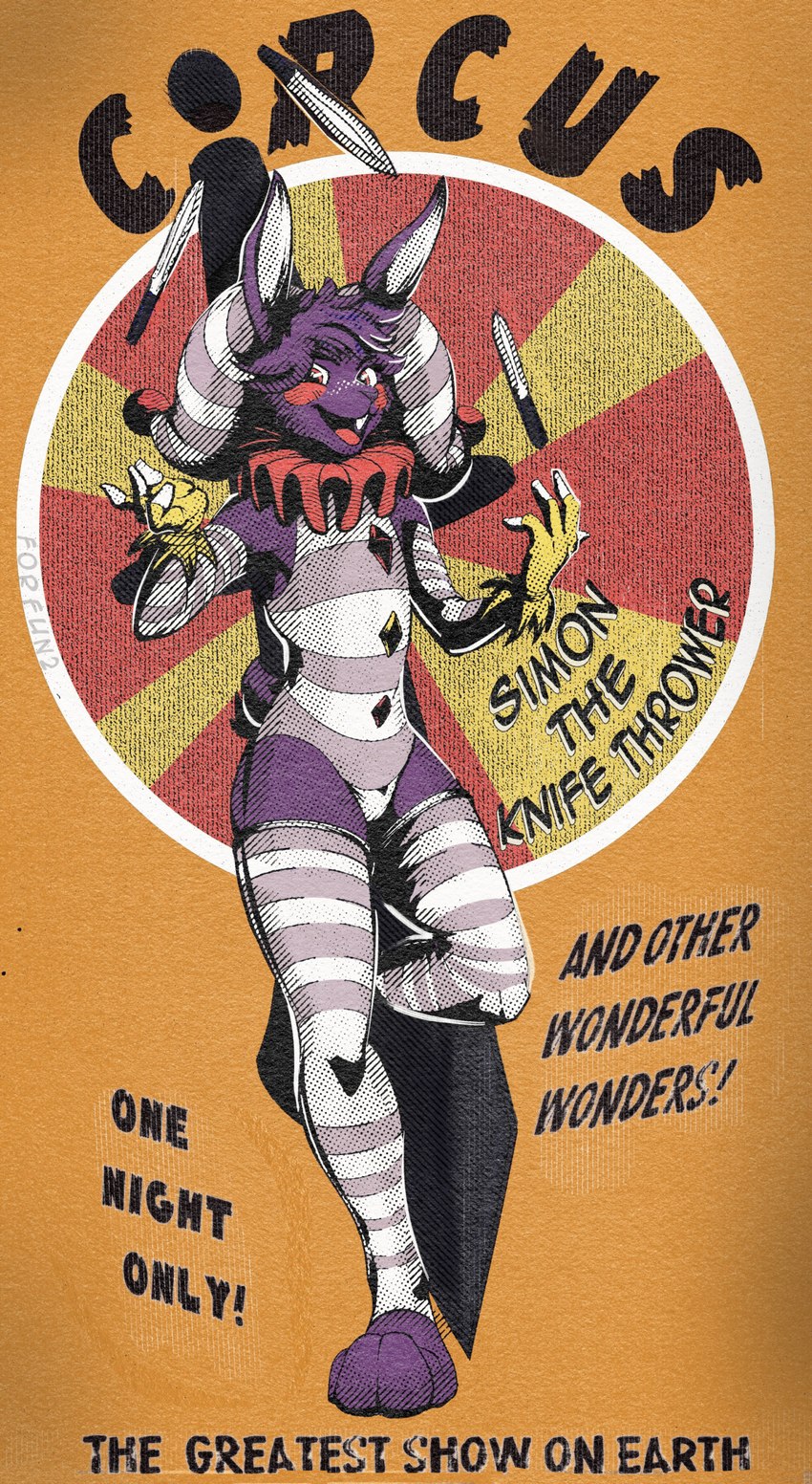 advertisement anthro circus jester knifes male retro text vintage forfun2 lagomorph leporid mammal rabbit absurd_res english_text hi_res