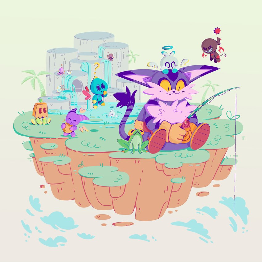 ambiguous_gender anthro chao_garden fishing fishing_rod floating_island flying fur green_body group male multicolored_body multicolored_fur paper_bag purple_body purple_fur sitting tail tail_tuft tuft white_body white_fur wings yellow_sclera sadlittlecacti sega sonic_the_hedgehog_(series) big_the_cat froggy_(sonic) nights_chao amphibian chao_(sonic) character_chao dark_chao domestic_cat felid feline felis frog hero_chao mammal 1:1 absurd_res hi_res