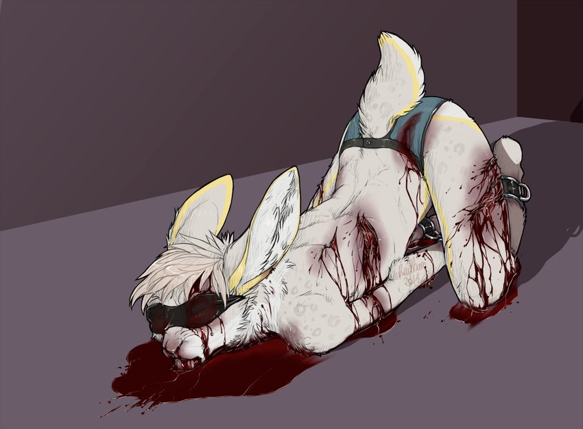 ankles_tied anthro ass_up blindfold blood blood_from_mouth blood_in_mouth blood_on_back blood_on_face blood_on_leg blood_pool bodily_fluids bound cheek_tuft chest_wound clothed clothing ears_back facial_tuft fur gore hair hands_tied inner_ear_fluff leg_wound lying male nosebleed obscured_eyes on_front pivoted_ears short_hair solo topless tuft white_body white_fur white_hair white_inner_ear_fluff wounded 0ct0m0n0 lagomorph leporid mammal rabbit 2014 dated signature